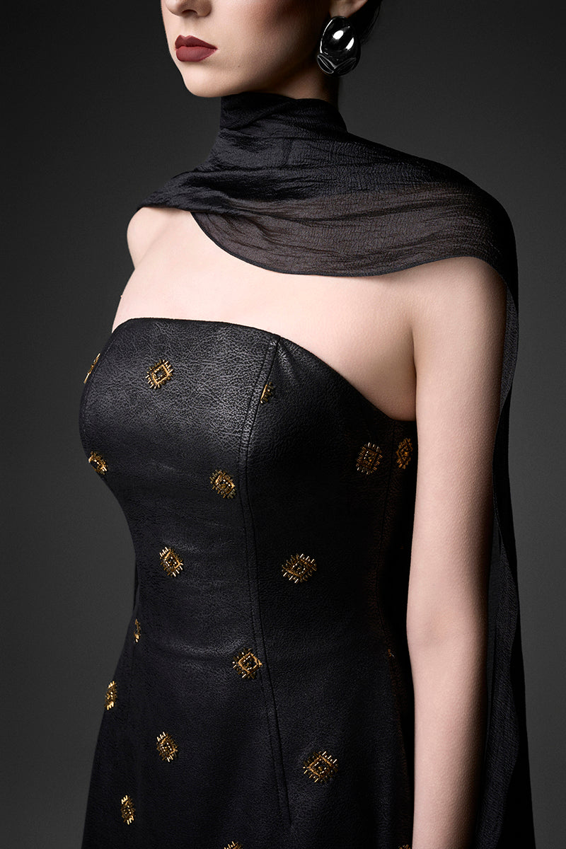 Elegant black cape neck sweetheart gown by GVLUX, featuring flowing fabric and a fitted bodice for formal occasions.