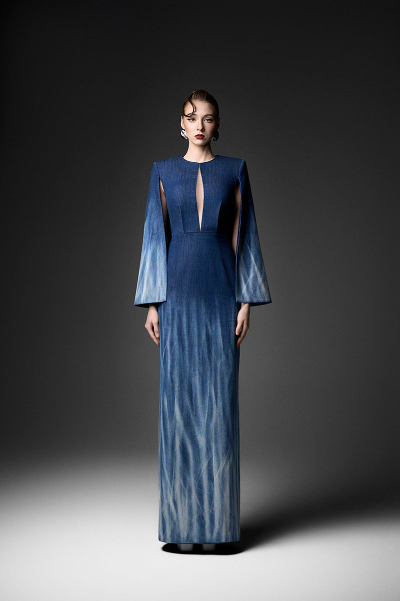 Elegant GVLUX Water Ripples long sleeve gown with flowing fabric and intricate water ripple pattern, perfect for formal occasions.