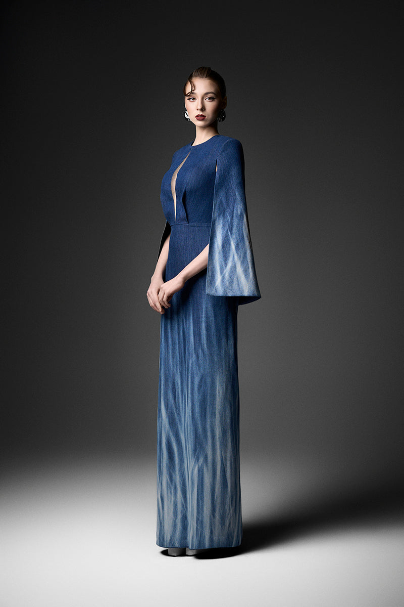 Elegant water ripples long sleeve gown by GVLUX, featuring flowing fabric and a sophisticated design.