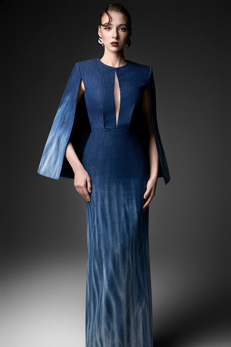 Elegant water ripple long sleeve gown by GVLUX featuring flowing fabric and a stylish design for formal occasions.