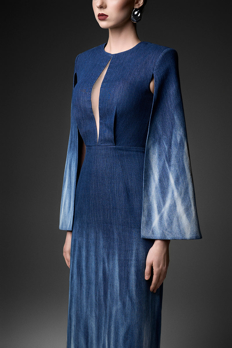 Elegant GVLUX Water Ripples long sleeve gown with a flowing design and subtle water ripple pattern on soft fabric.