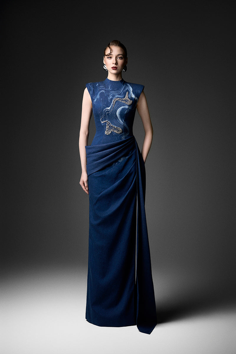 Watercolor embroidery high neck gown by GVLUX, featuring intricate floral patterns and elegant design in soft, flowing fabric.