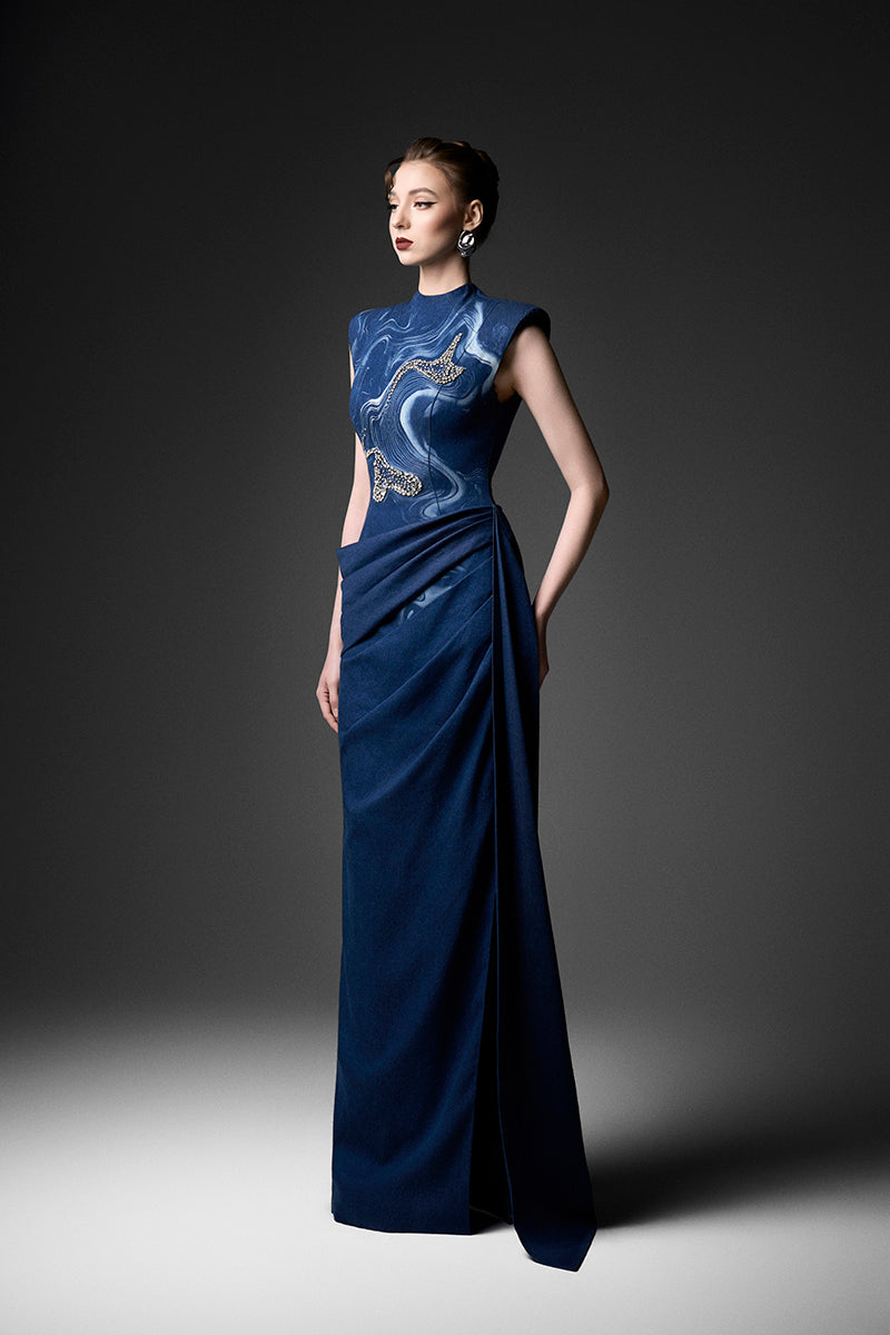 Elegant watercolor embroidery high neck gown by GVLUX featuring intricate floral designs and a flowing silhouette.