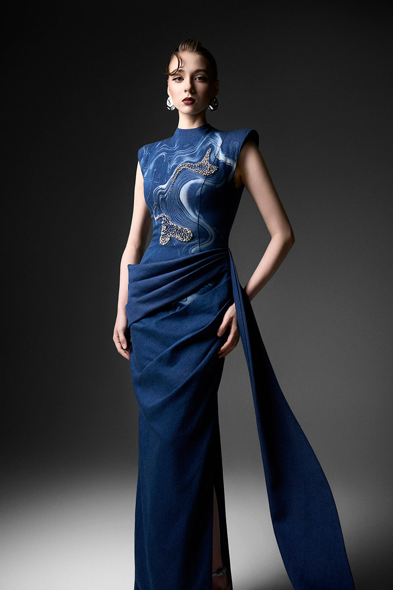 Elegant watercolor embroidery high neck gown by GVLUX featuring intricate embroidery and flowing fabric.