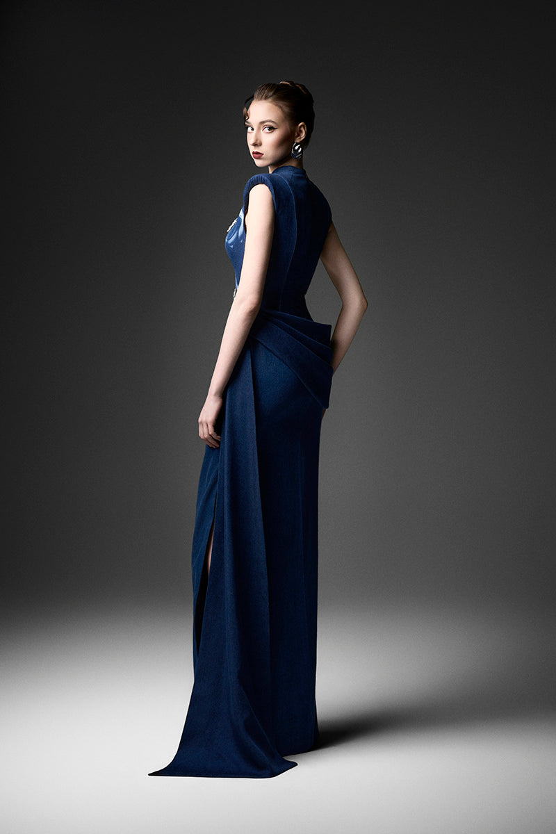Elegant watercolor embroidery high neck gown by GVLUX featuring intricate designs and a flowing silhouette.