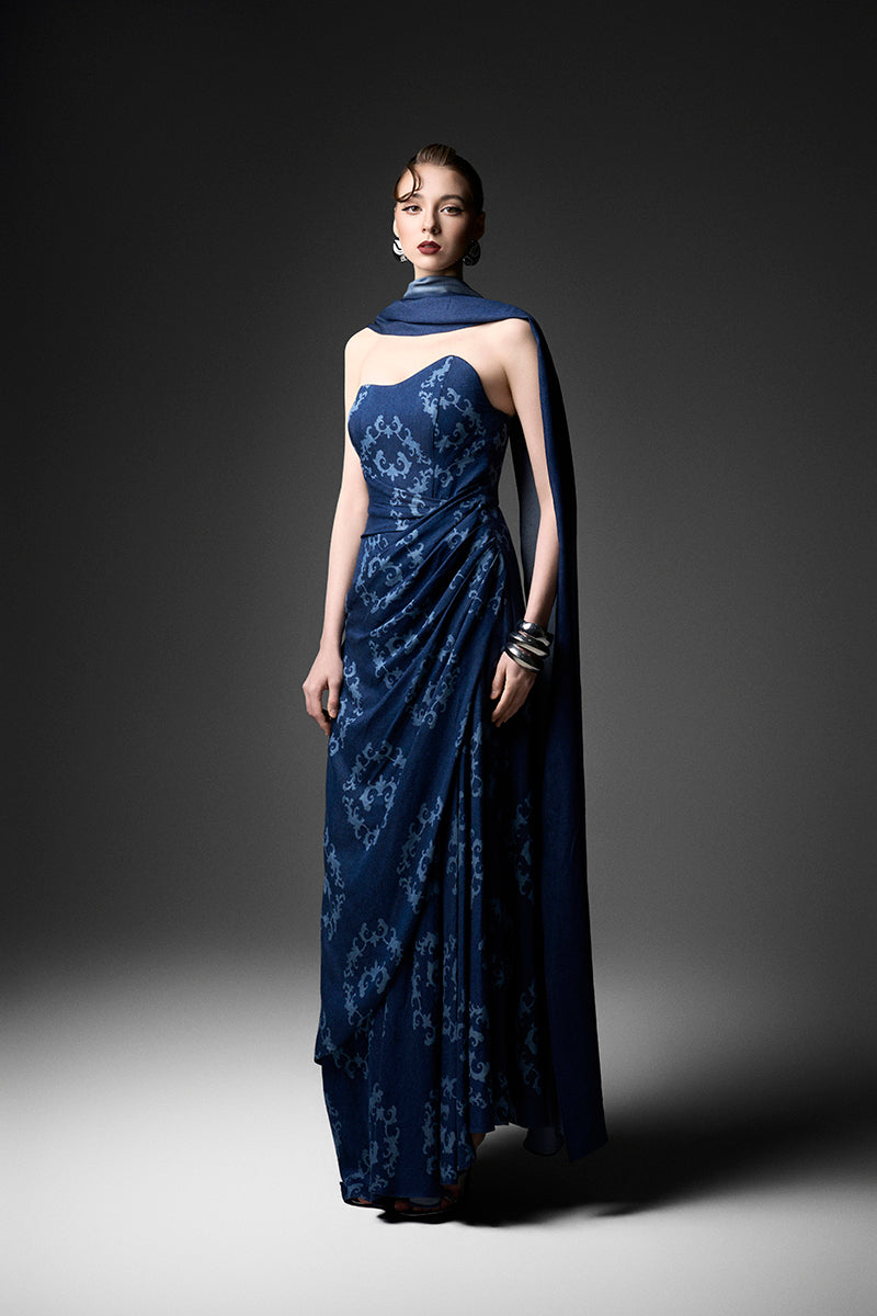 Navy blue Cape Neck gown by GVLUX, elegant formal dress with cape detail, perfect for special occasions or evening events.
