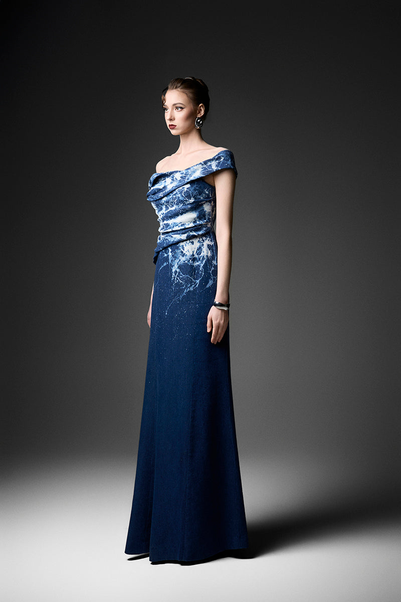 Elegant off-shoulder gown with water ripple design by GVLUX, featuring a flowing silhouette and intricate fabric details.