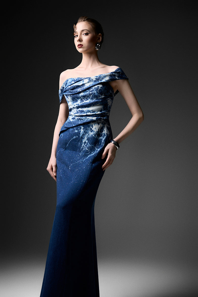 Elegant off-shoulder gown by GVLUX featuring water ripple fabric design, perfect for formal occasions and evening wear.