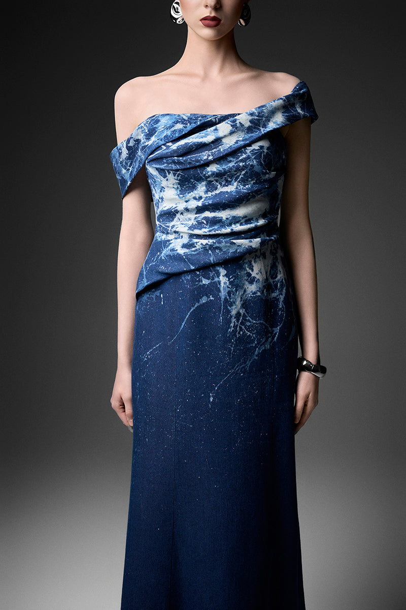 Elegant off-shoulder gown with water ripple design by GVLUX, featuring flowing fabric and sophisticated style.