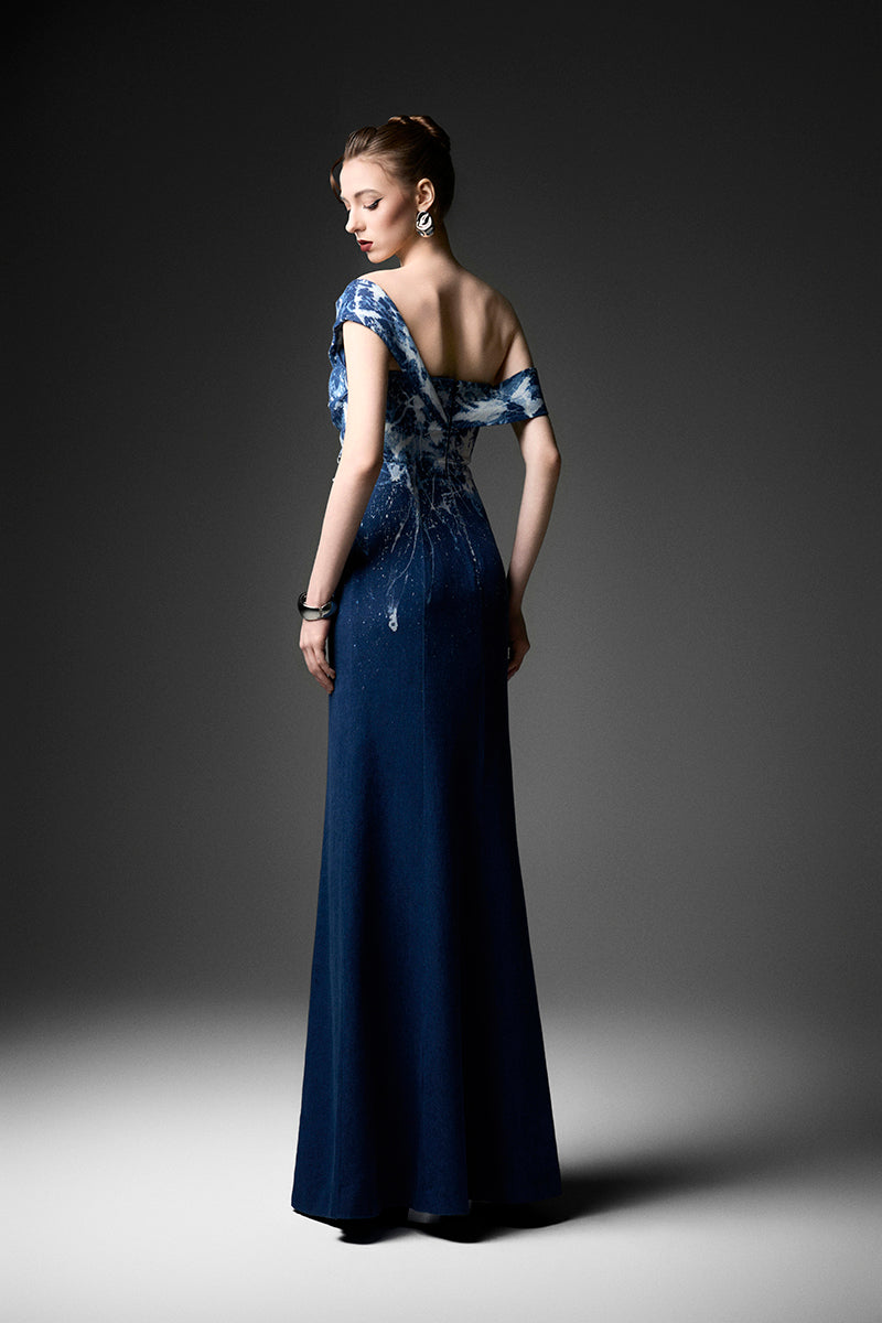 Elegant off-shoulder gown with water ripple design by GVLUX, featuring a flowing silhouette and intricate fabric details.