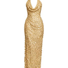 Gold Urban Muse GOLDSHORE maxi dress featuring a flowing silhouette and elegant gold fabric, perfect for formal occasions.