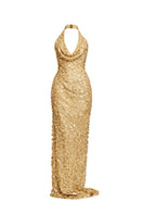 Gold Urban Muse GOLDSHORE maxi dress featuring a flowing silhouette and elegant gold fabric, perfect for formal occasions.