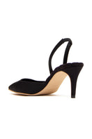 A pair of elegant black satin Gabriella slingback heels by AERA, featuring a sleek design and pointed toe on a plain background.