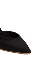 A pair of black satin Gabriella slingback heels by AERA, featuring a pointed toe and elegant design, front view.