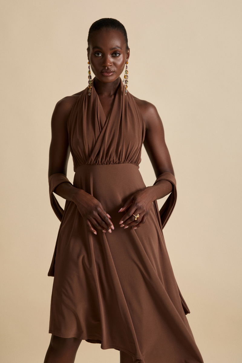 tan flowy dress GAIA MIDI DRESS IN WOODSMOKE TAN | CULT MIA