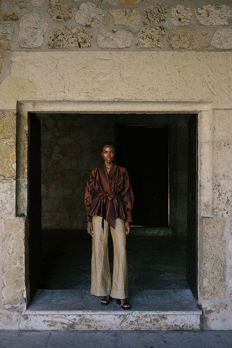 Ana + Maria GALA top in mahogany, showcasing a stylish women's sleeveless blouse with a smooth fabric finish.
