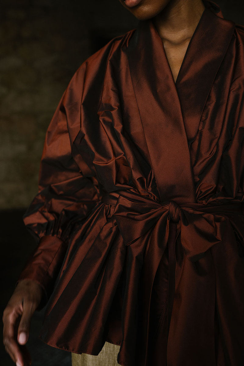 ANA + MARIA GALA top in mahogany, featuring a stylish blouse with elegant design and rich color, shown on a model.
