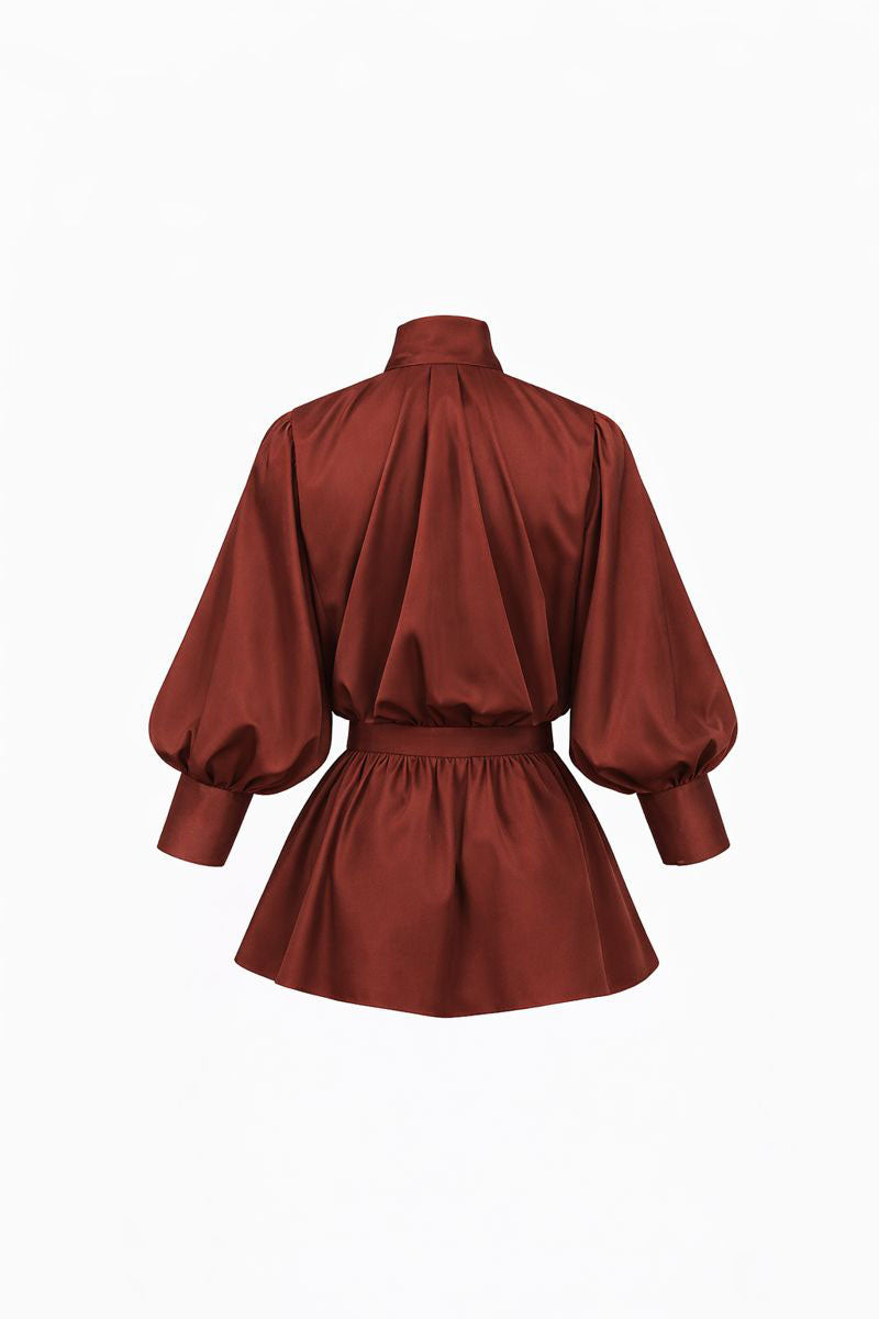 ANA + MARIA GALA top in mahogany, showcasing the stylish neckline and fabric texture of this elegant women’s top.