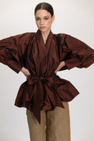 Ana + Maria GALA top in mahogany, stylish women's blouse with a fitted design and elegant neckline, shown in deep mahogany color.