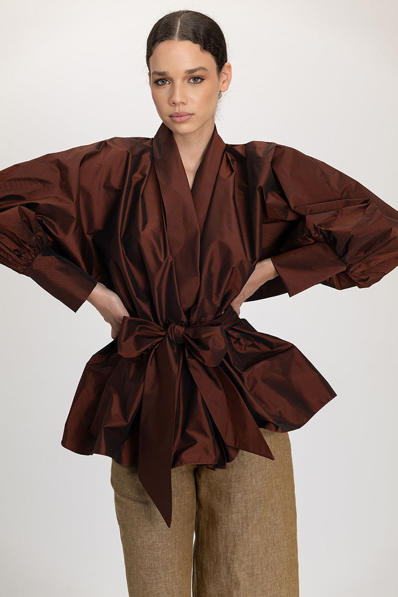 Ana + Maria GALA top in mahogany, stylish women's blouse with a fitted design and elegant neckline, shown in deep mahogany color.