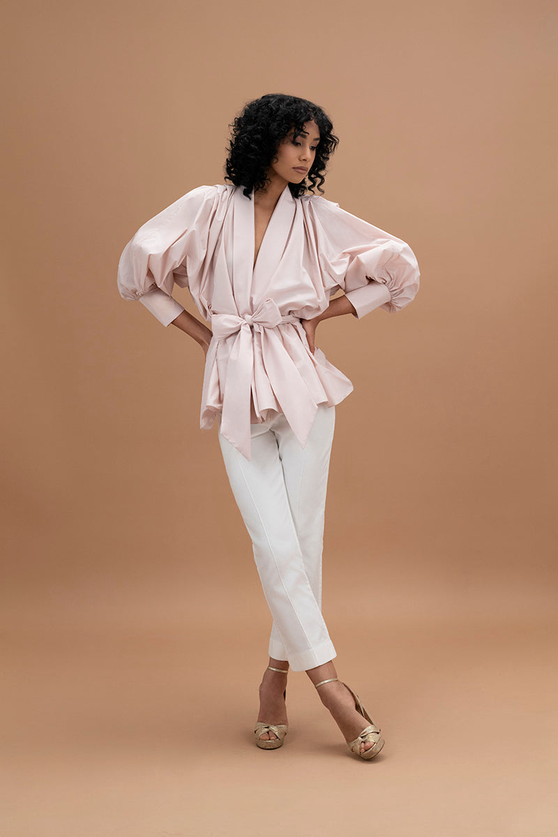 Ana + Maria Gala top in pale pink, stylish women's blouse with a soft, flowing fabric and elegant design.