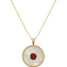 Gold vermeil January birthstone garnet and mother-of-pearl necklace by Freya Rose featuring a delicate pendant.