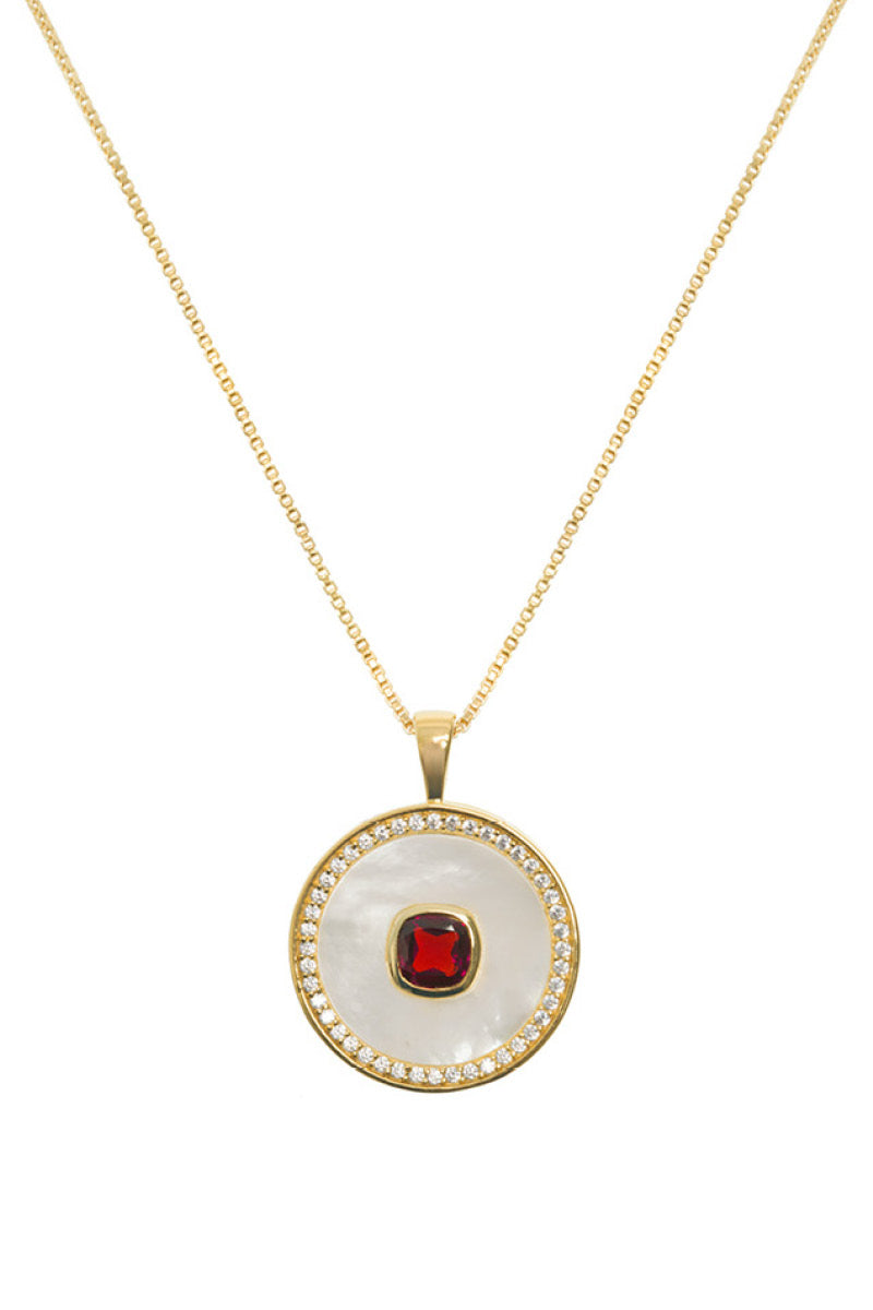 Gold vermeil January birthstone garnet and mother-of-pearl necklace by Freya Rose featuring a delicate pendant.