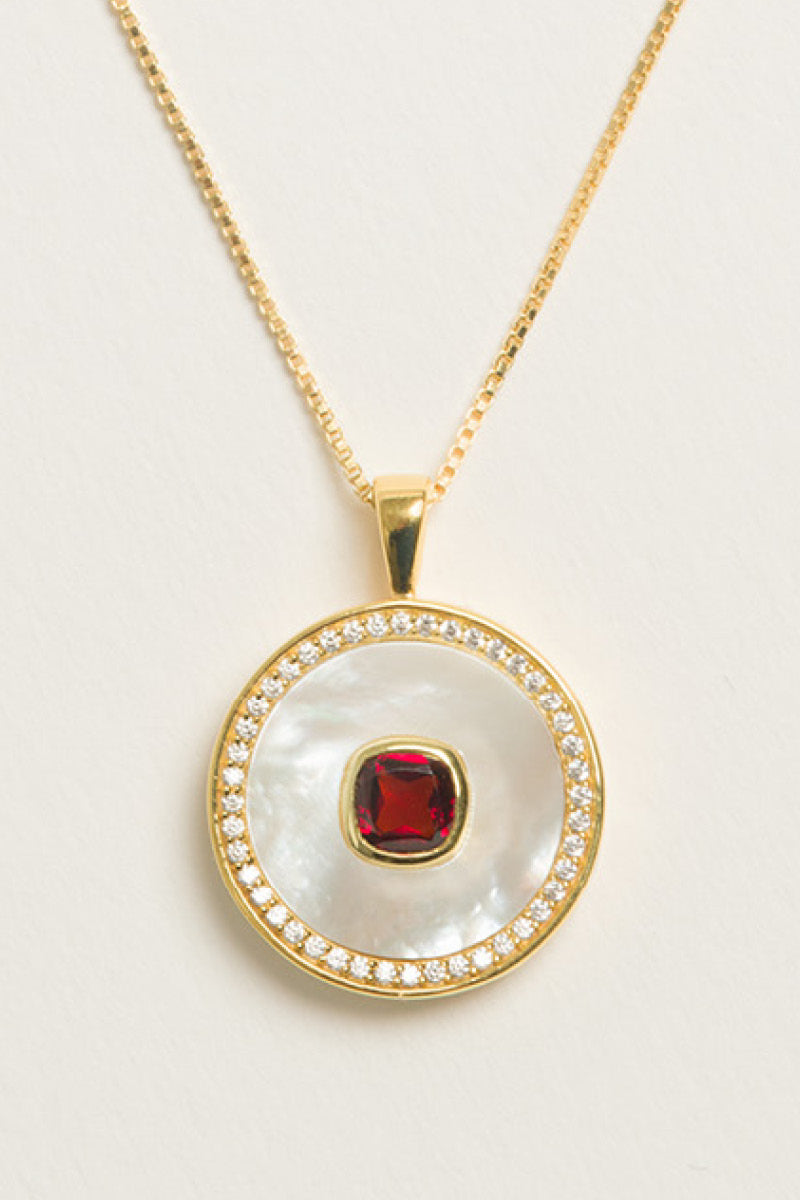 Garnet and mother-of-pearl necklace in vermeil gold, January birthstone jewelry by Freya Rose, featuring a delicate pendant.
