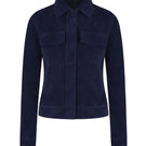 Navy blue Gavea jacket by ZUT, stylish lightweight outerwear with a zip front and ribbed cuffs, displayed on a hanger.