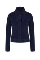 Navy blue Gavea jacket by ZUT, stylish lightweight outerwear with a zip front and ribbed cuffs, displayed on a hanger.
