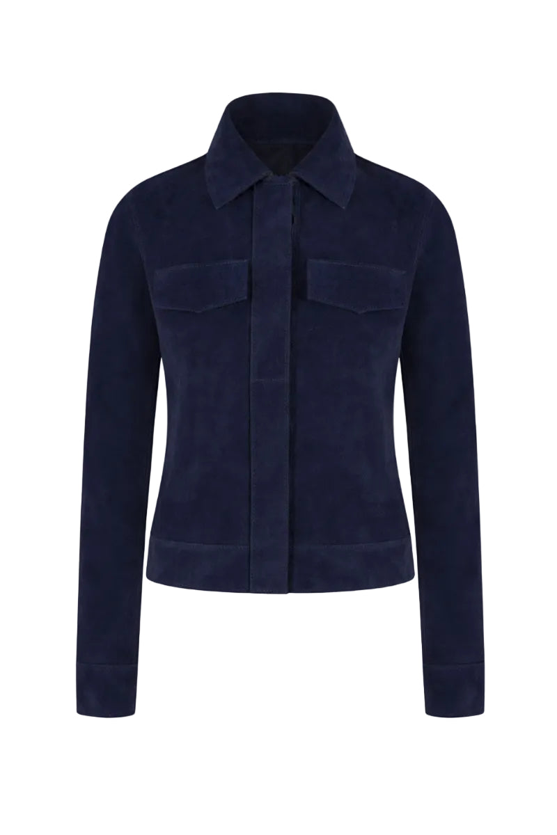 Navy blue Gavea jacket by ZUT, stylish lightweight outerwear with a zip front and ribbed cuffs, displayed on a hanger.