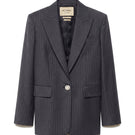 Gray striped blazer for men by Acaria Studio, featuring tailored fit and stylish design, shown on a model.