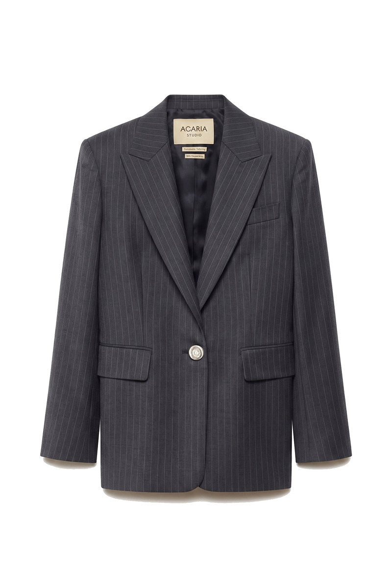 Gray striped blazer for men by Acaria Studio, featuring tailored fit and stylish design, shown on a model.