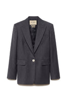 Gray striped blazer for men by Acaria Studio, featuring tailored fit and stylish design, shown on a model.