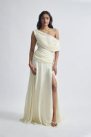 Deme By Gabriella Gemma Off White Gown displayed on a mannequin, featuring elegant fabric and sophisticated design.