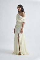 Deme By Gabriella Gemma Off White Gown displayed on a mannequin with elegant draping and intricate detailing.