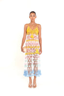 Handmade floral marine crochet maxi dress by Andreeva featuring intricate crochet details and a flowing silhouette.