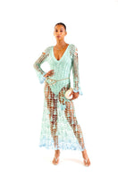 Handmade aqua marine maxi cover-up and dress by Andreeva, flowing fabric with intricate details, perfect for beachwear.
