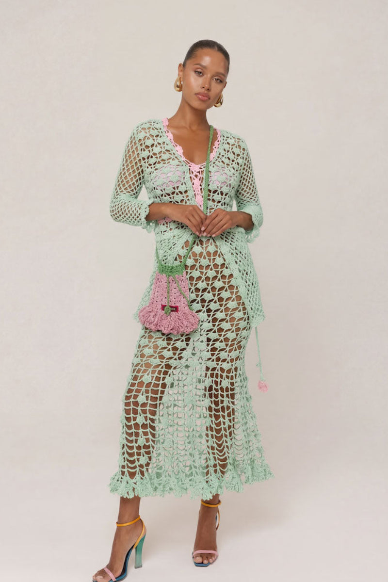 Light mint handmade crochet shirt by Andreeva, showcasing intricate crochet patterns and a stylish fit.
