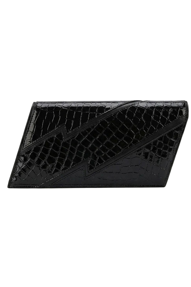 Black Terry de Havilland clutch bag with sleek design, featuring a smooth surface and elegant style for evening occasions.