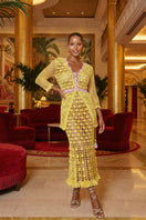 Handmade California yellow crochet shirt by Andreeva featuring intricate knit patterns and a relaxed fit.