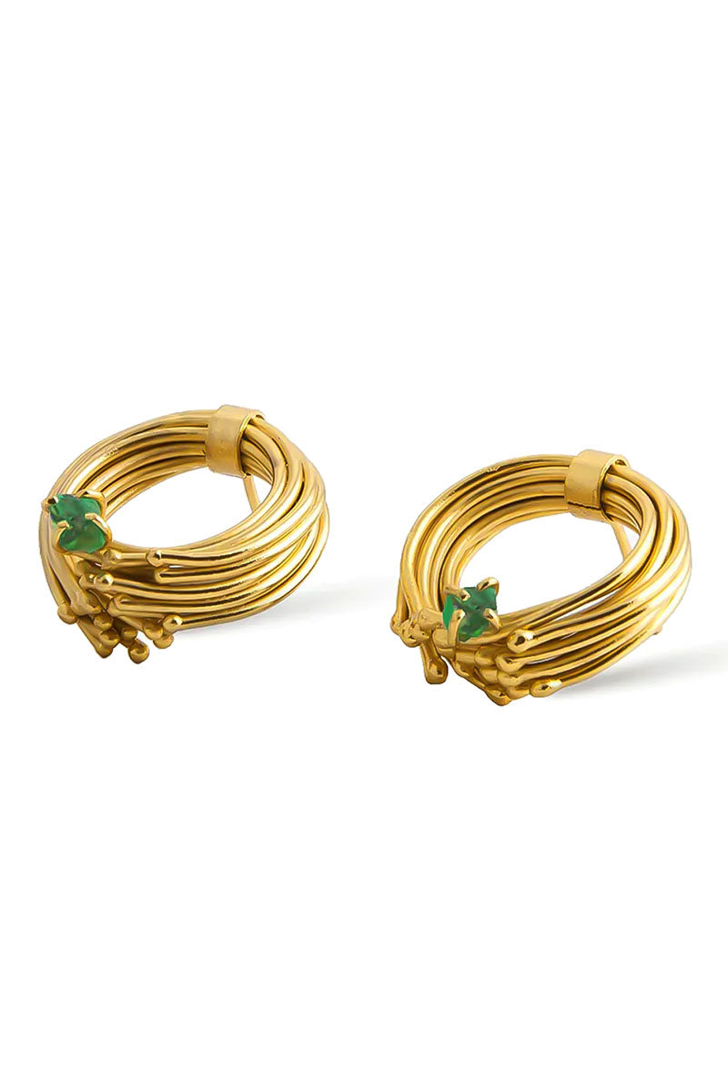 Gold Geo Emerald Earrings by Fenomena featuring geometric design with vibrant green emeralds and sleek gold setting.
