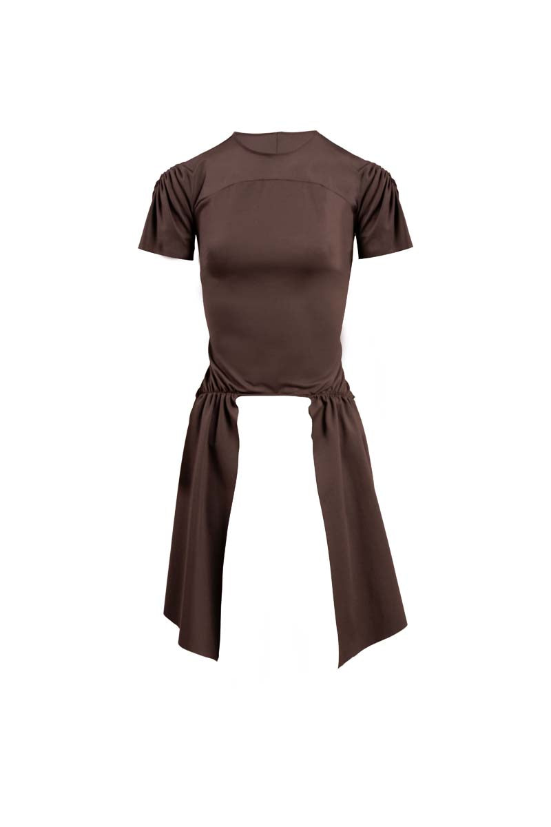 YASSMIN SALEH gesture top in brown with ghost back design, stylish women's tops made from soft fabric.