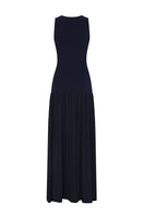 Blue Nelblu Liz Maxi Dress displayed on a hanger, showcasing its flowing fabric and elegant design.