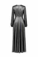 SemSem CULT MIA X SEMSEM metallic silver long sleeve pleated gown, back view showing flowing fabric and elegant design.