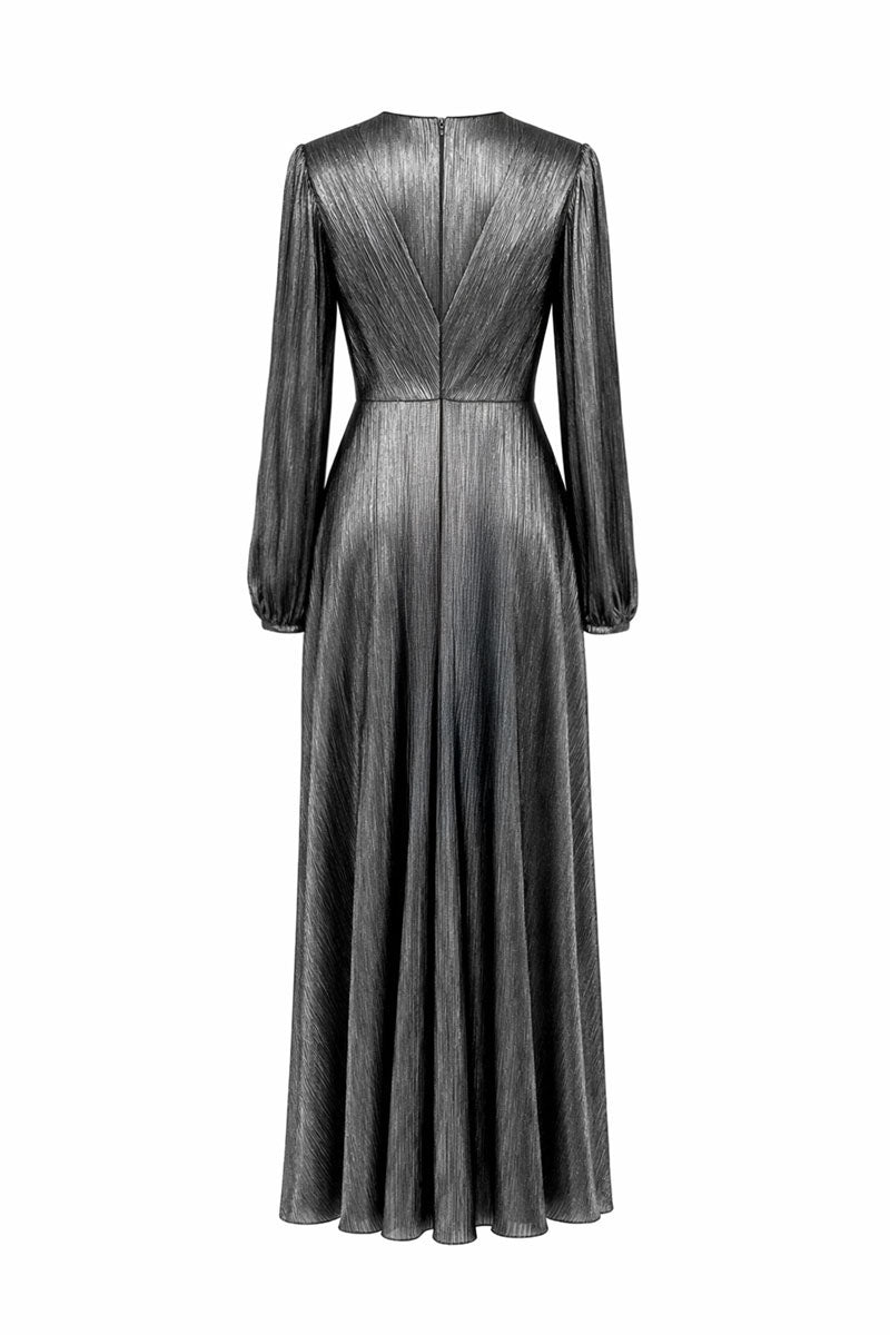 SemSem CULT MIA X SEMSEM metallic silver long sleeve pleated gown, back view showing flowing fabric and elegant design.