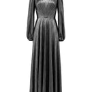 SemSem CULT MIA X SEMSEM metallic silver long sleeve pleated gown, front view showcasing elegant design and shiny fabric.