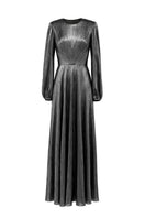 SemSem CULT MIA X SEMSEM metallic silver long sleeve pleated gown, front view showcasing elegant design and shiny fabric.