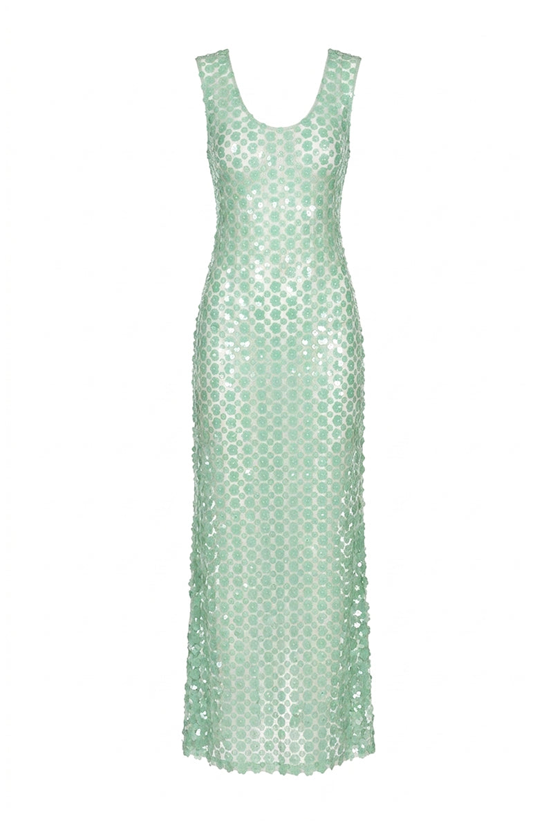 Nur Karaata Coco’s Maxi Dress displayed on ghost mannequin, showcasing flowing fabric and elegant design.