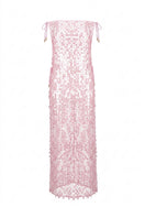 Nur Karaata Royal Poinciana maxi dress displayed on ghost mannequin, flowing fabric and elegant design perfect for summer occasions.